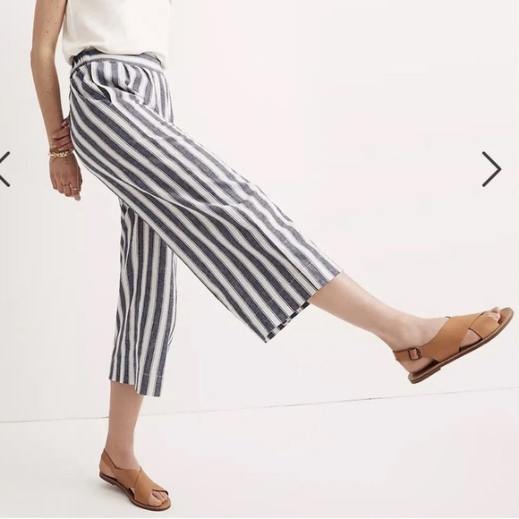 Madewell Huston Smocked Linen Blend Stripe Crop Pull On Pants - Picture 3 of 6